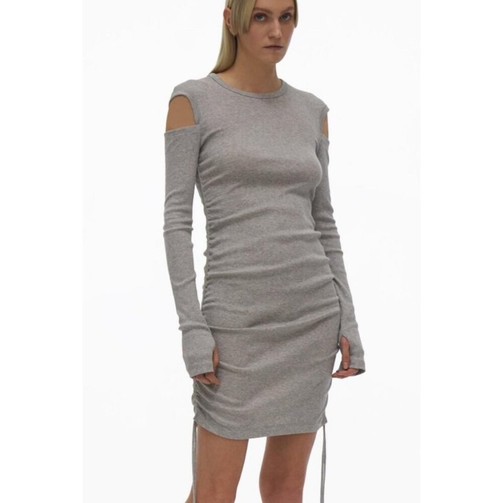 HELMUT LANG Ribbed Lacing Cold Shoulder Bodycon Ruched Mini Dress \\ M